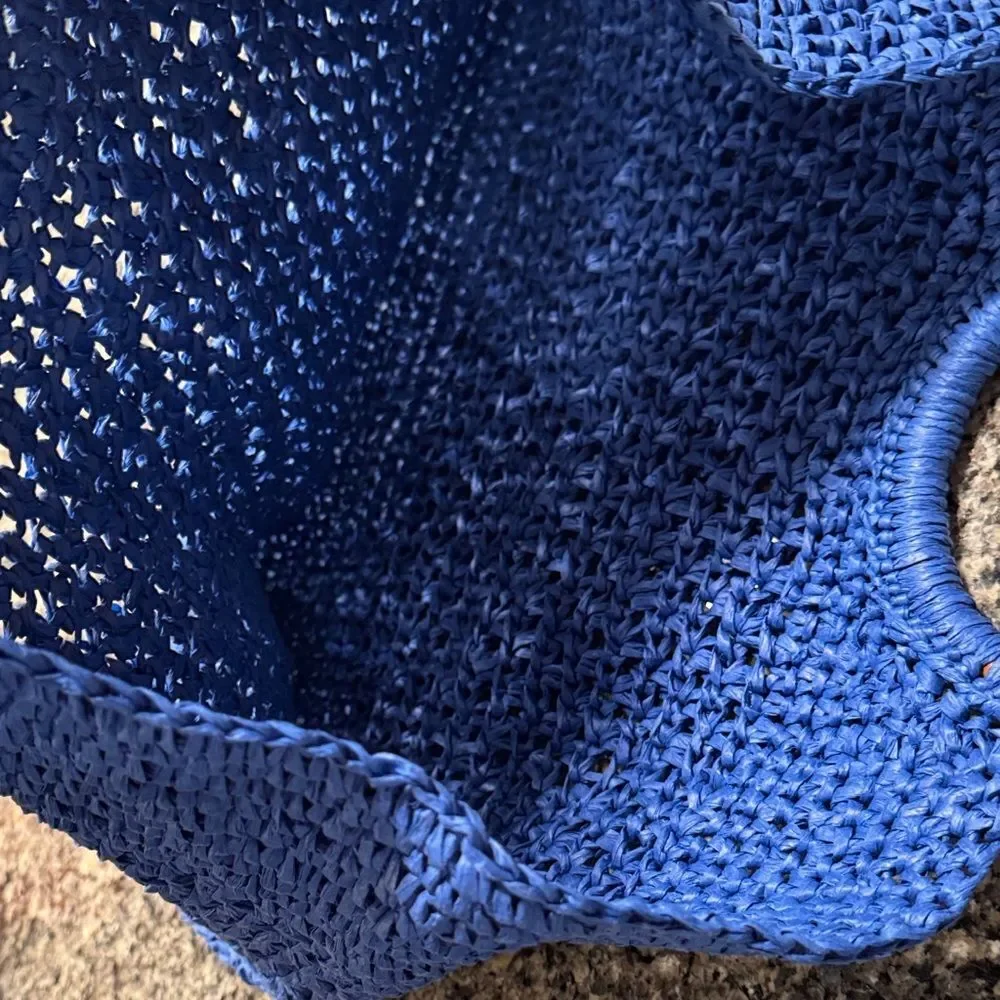 Blue straw Tote Bag with Wooden Handles